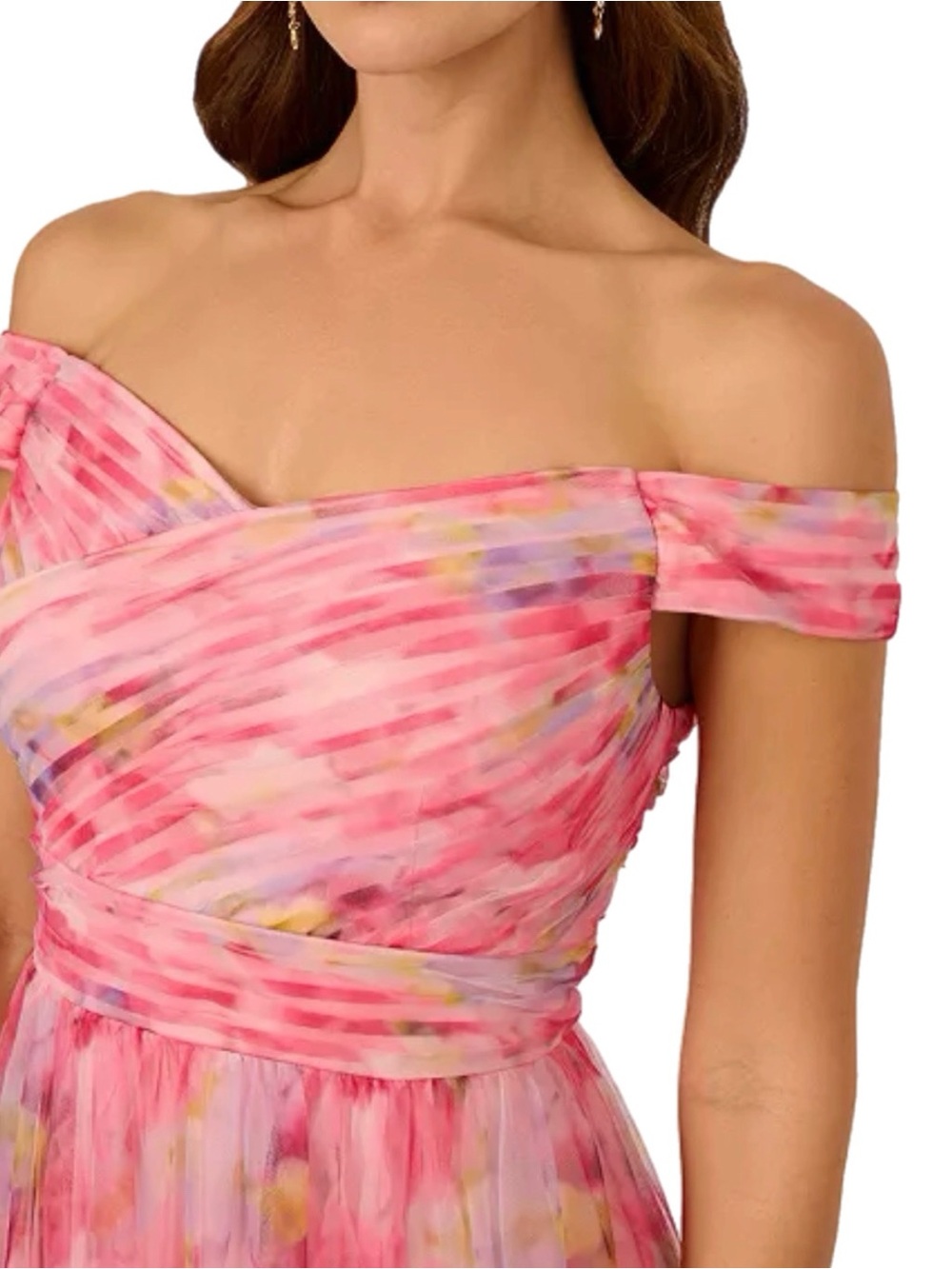 NWT Adrianna Papell $279 MSRP Off-Shoulder Pink Floral Chiffon Floral Maxi Gown - Picture 2 of 9